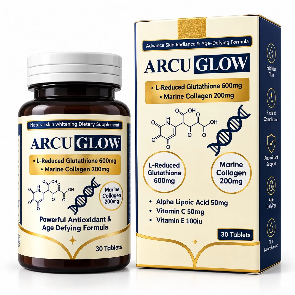 ArcuGlow - Glutathione & Marine Collagen Skin Radiance Supplement | 30 Tablets
